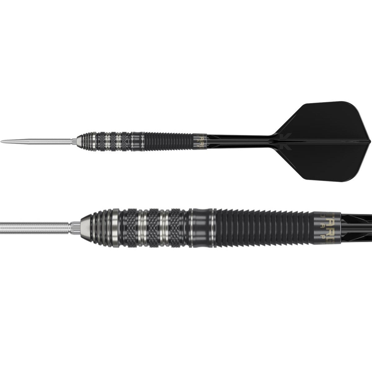 Target Black Marque Armageddon GEN 2 Steeldarts – 22 g, 90 % Tungsten, Swiss Point, torpedoförmiges Barrel mit Rändelung